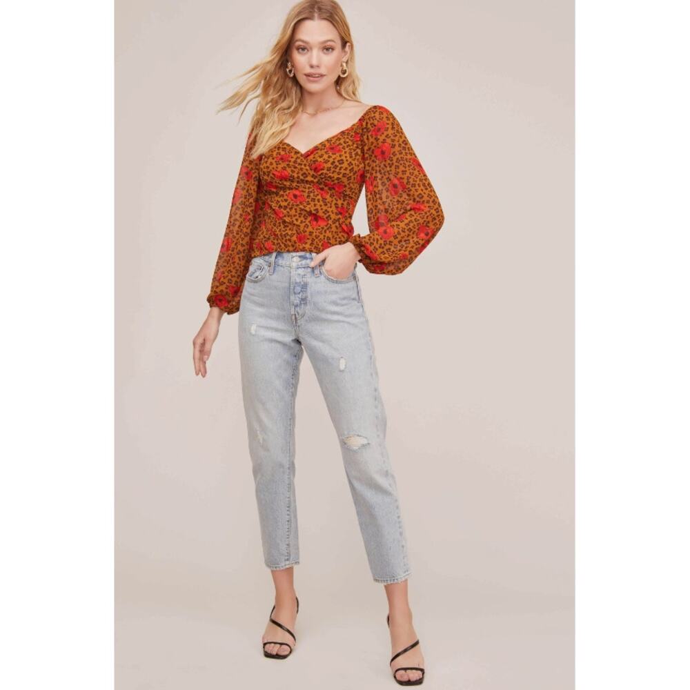 ASTR Animal Leopard Print Floral Shirred V-Neck Blouse Crop Top sz S - Picture 7 of 13
